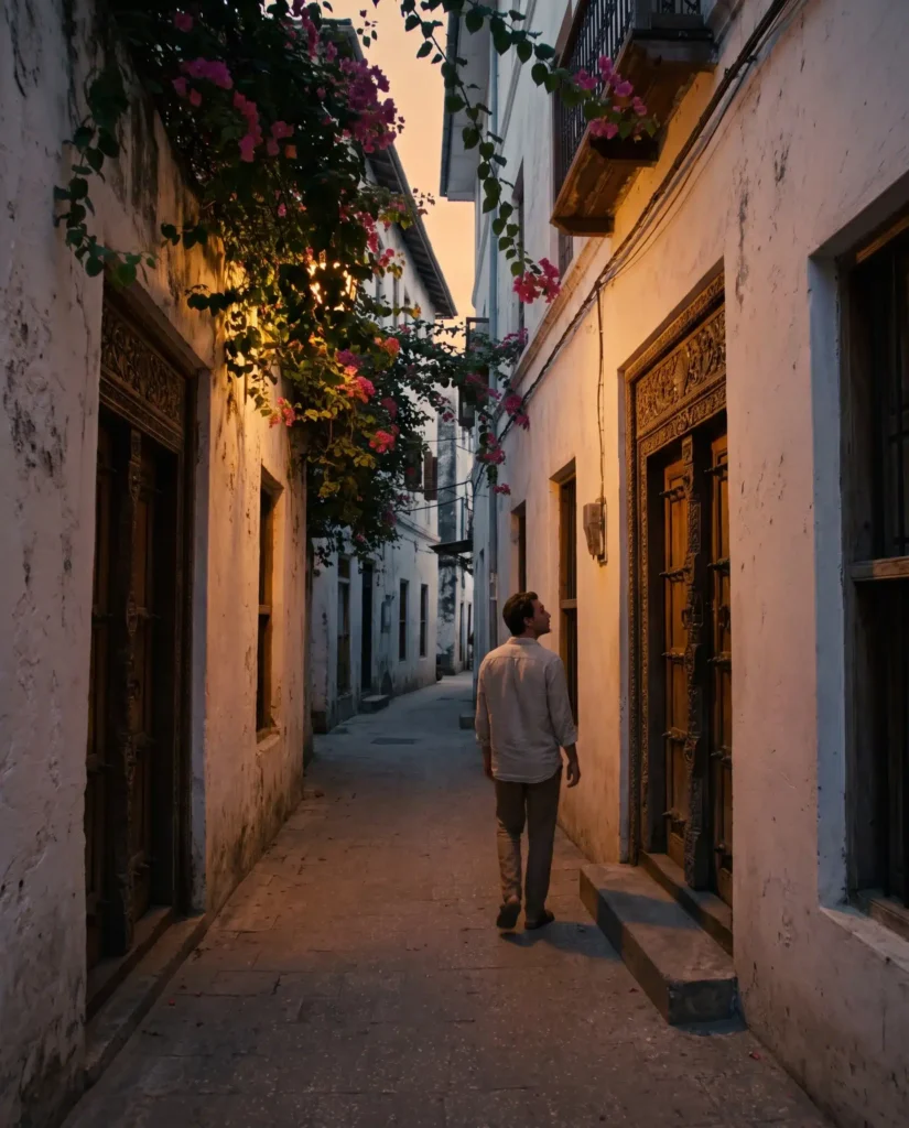 A quiet Stone Town alley at dusk with carved wooden doors and bougainvillea overhead